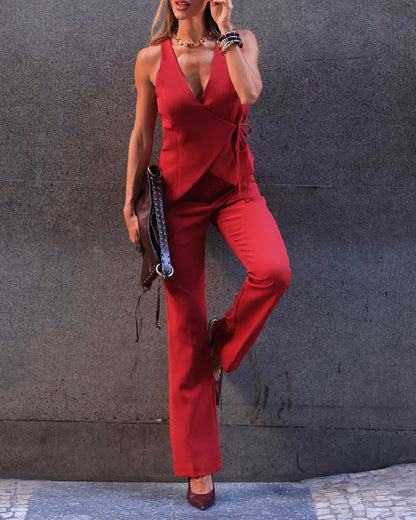 2 Pieces Outfit Plunge V Neck Waist Lace Up Vest and Casual High Waist Straight Pants Set