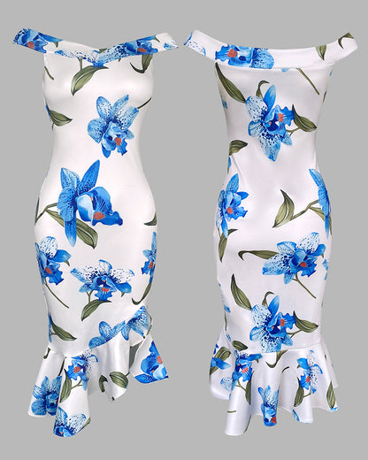 Floral Print Off Shoulder Bodycon Dress Ruffle Hem Slim Fit Dress