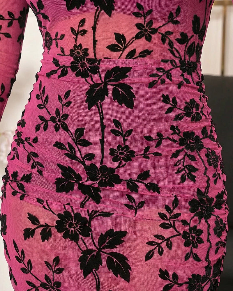 Flocking Floral Print Long Sleeve Zipper Back Ruched Sexy Sheer Mesh Bodycon Dress with V-Neck Adjustable Spaghetti Straps Mini Cami Dress