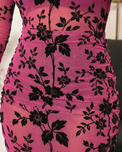 Flocking Floral Print Long Sleeve Zipper Back Ruched Sexy Sheer Mesh Bodycon Dress with V-Neck Adjustable Spaghetti Straps Mini Cami Dress