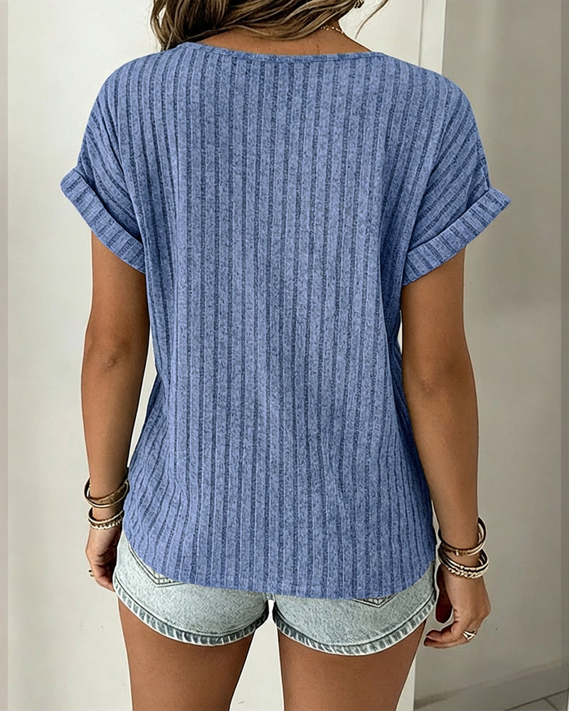 Lace Spliced Round Neck Rolled Cuffs Tee Casual Short Sleeve Ribbed Brushed Top