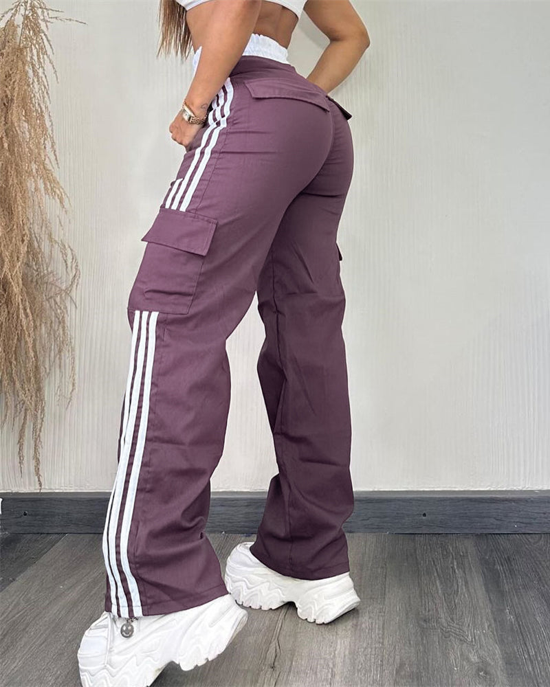 Contrast Side Striped Zipper Fly Stretchy High Waist Pants Flap Pockets Design Double Waistband Cargo Pants