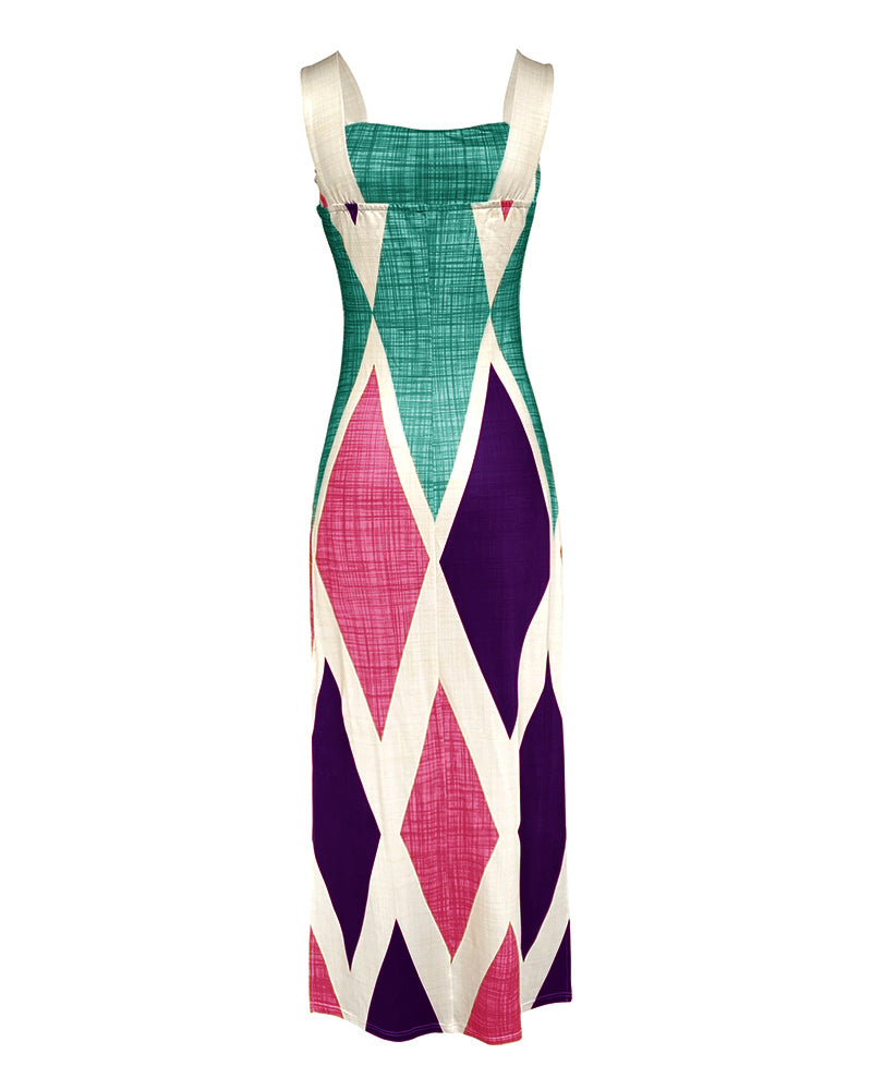Geometric Print Square Neck Thick Strap Vacation Dress Casual Slim Fit Slit Maxi Dress