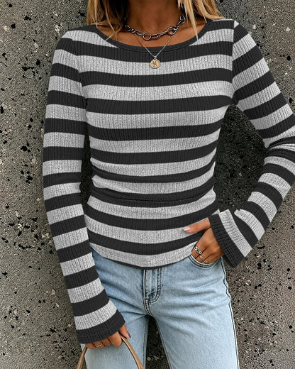 Women's Boat Neck Striped Long Flare Sleeve Ruched Knit Top