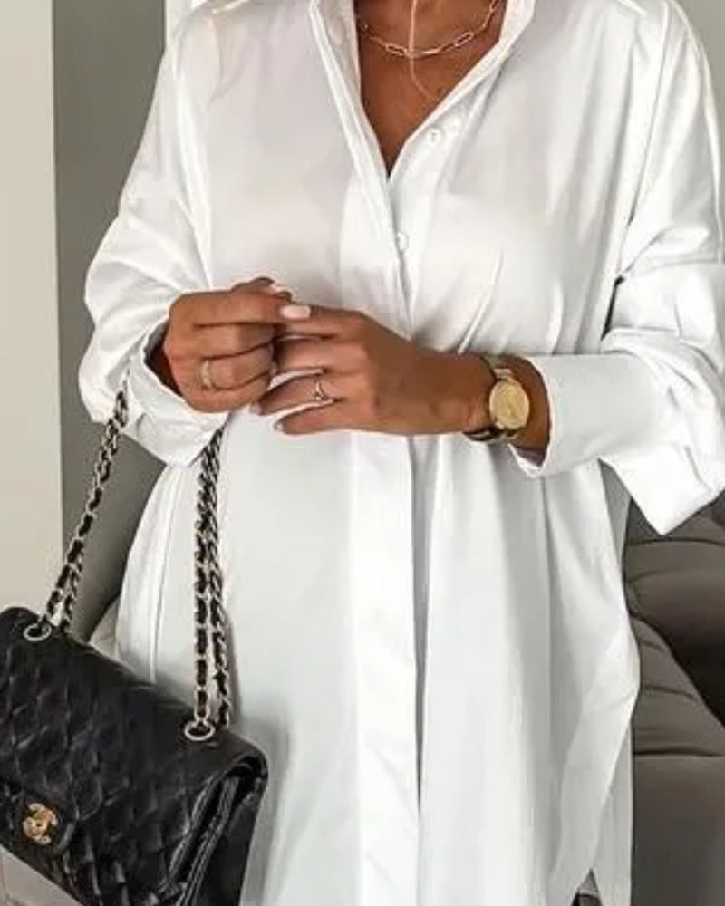Women's Cotton Oversized Button Down Shirt Long Sleeve Blouse Casual Curved Hem Top