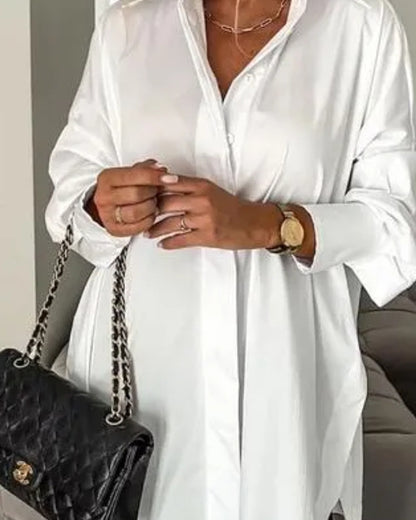 Women's Cotton Oversized Button Down Shirt Long Sleeve Blouse Casual Curved Hem Top