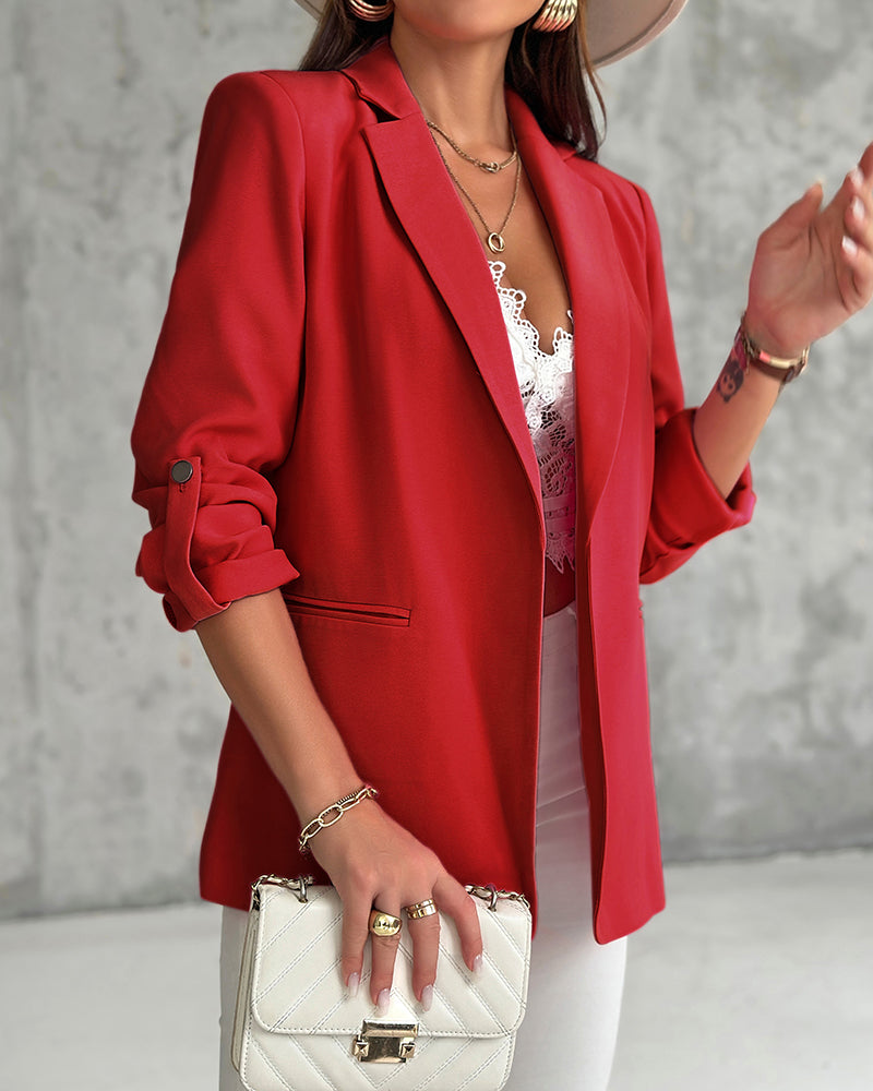 Notched Collar Roll Up Sleeve Blazer Coat