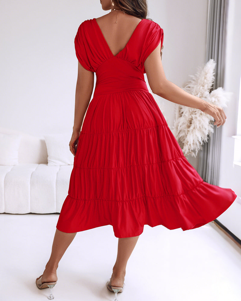 Textured V Neck Sleeveless Ruched Ruffles Hem Dress Casual Waist A Line Party Midi Dress