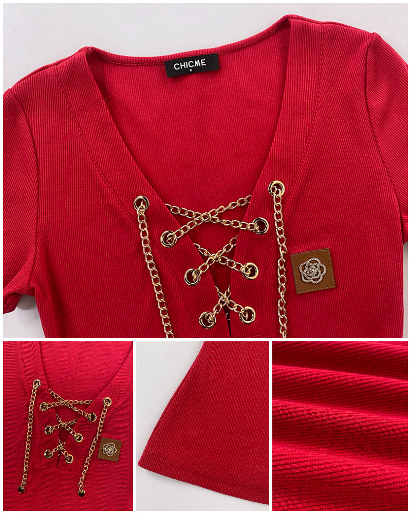 Chain Decor Lace Up V Neck Short Sleeve T-Shirt Casual Rhinestone Patch Slim Fit Top