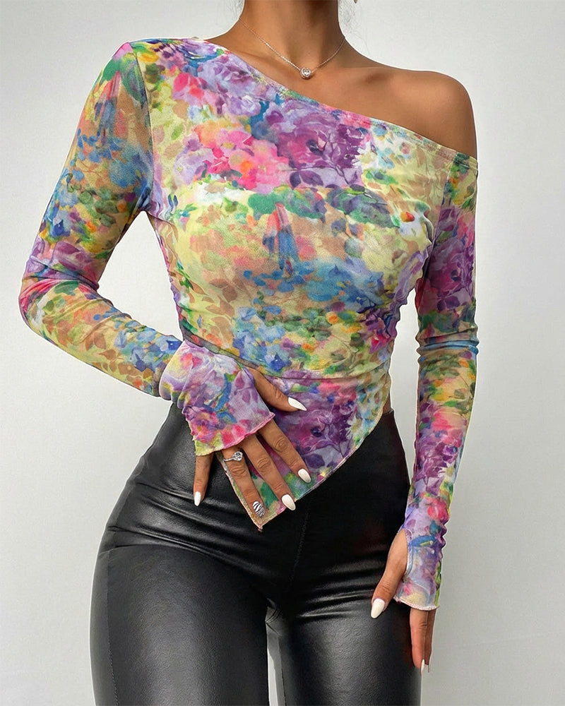 Tie Dye Floral Print Skew Neck Long Sleeve Asymmetrical Hem Tee Slim Fit Side Ruched Sheer Mesh Top with Thumb Hole Cuffs & Lining