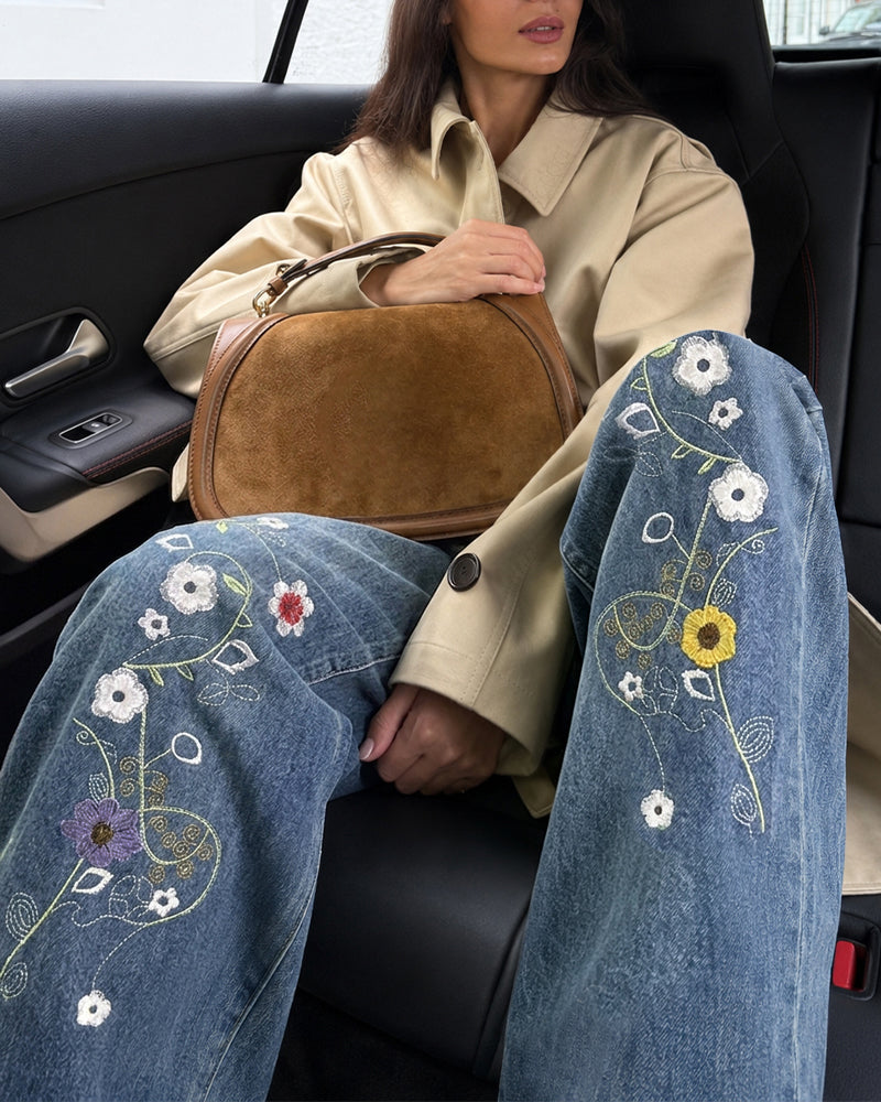 Women's High Waisted Floral Embroidered Wide Leg Jeans Washed Denim Pants