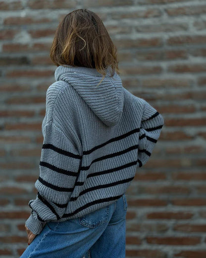 Women's Striped Henley Drawstring Hooded Sweater Loose Fit Lantern Sleeve Knit Pullover