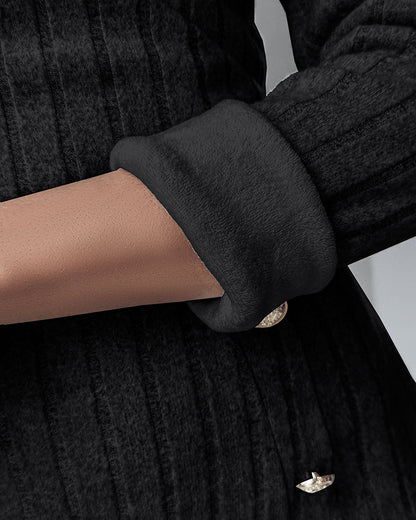 Polo V-Neck Long Sleeve Fleece Lined Bodycon Dress Slit Button Decor Ribbed Mini Dress