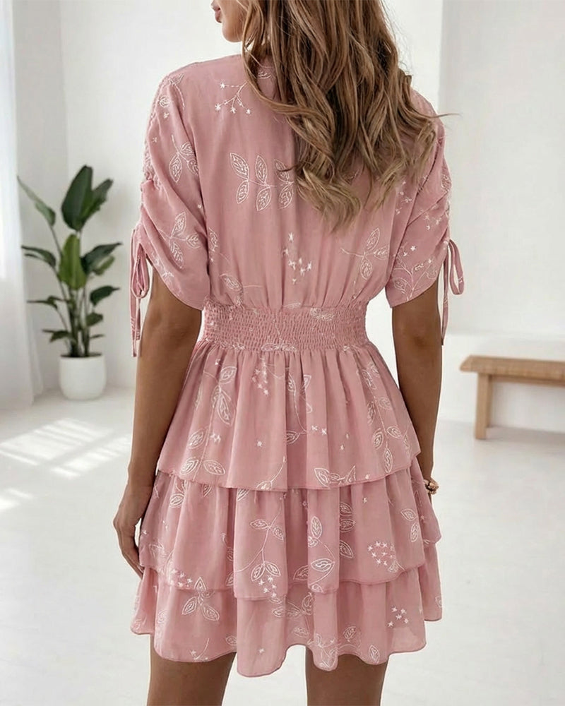 Star & Leaves Print Overlap V Neck Drawstring Short Sleeve Shirred Waist Mini Dress Sweet Cinched Waist Ruffle Hem Dress