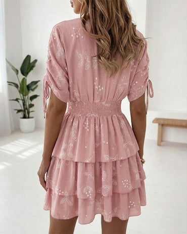 Star & Leaves Print Overlap V Neck Drawstring Short Sleeve Shirred Waist Mini Dress Sweet Cinched Waist Ruffle Hem Dress