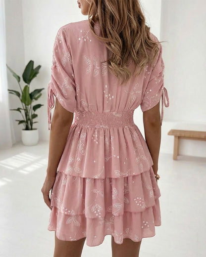 Star & Leaves Print Overlap V Neck Drawstring Short Sleeve Shirred Waist Mini Dress Sweet Cinched Waist Ruffle Hem Dress