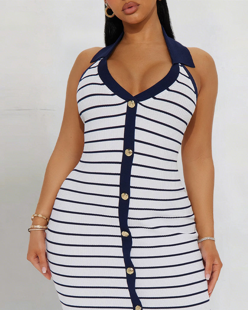 Women's Striped Halter Neck Ribbed Maxi Dress Elegant Gold Button Backless Deep V Lapel Collar Bodycon Dress