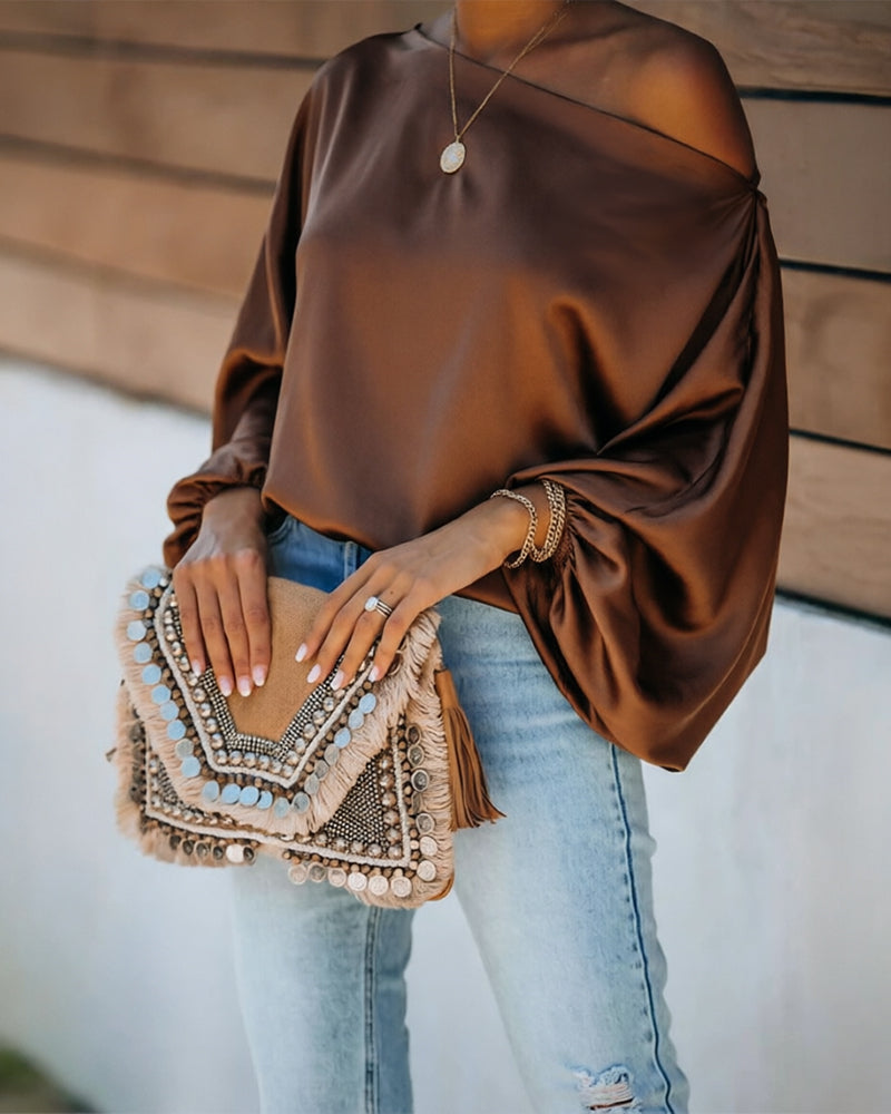 Women's Off Shoulder Satin Blouse Lantern Long Sleeve Shirt Casual Loose Fit Skew Neck Top