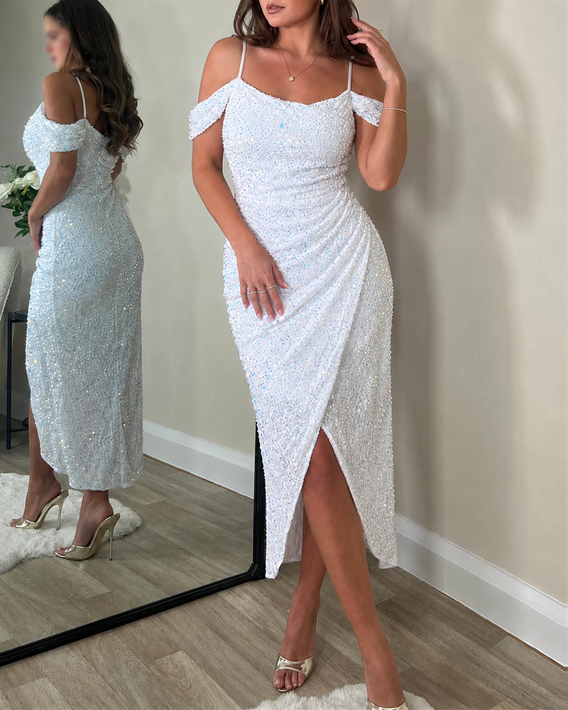 Women's Allover Sequin Cold Shoulder Wrap Slit Dress Elegant Ruched Party Evening Gown