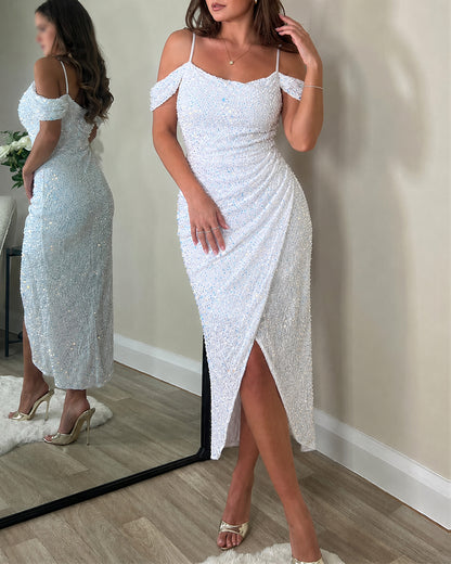 Women's Allover Sequin Cold Shoulder Wrap Slit Dress Elegant Ruched Party Evening Gown