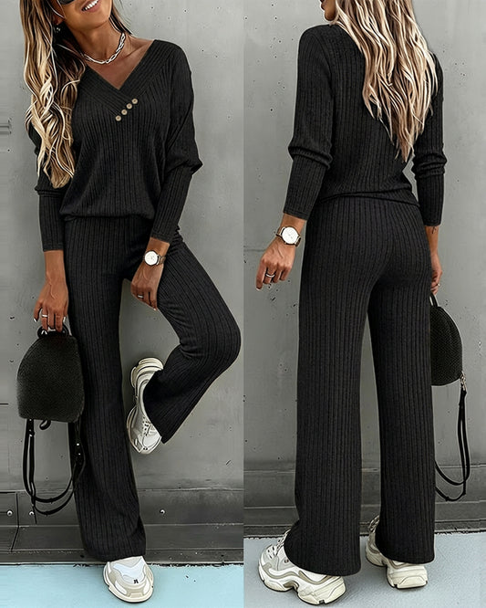 2-teiliges Outfit-Set mit Knopfdekor, V-Ausschnitt, Langarm-Oberteil und elastischer Taille, geradem Bein, Hose, lässiges geripptes Set