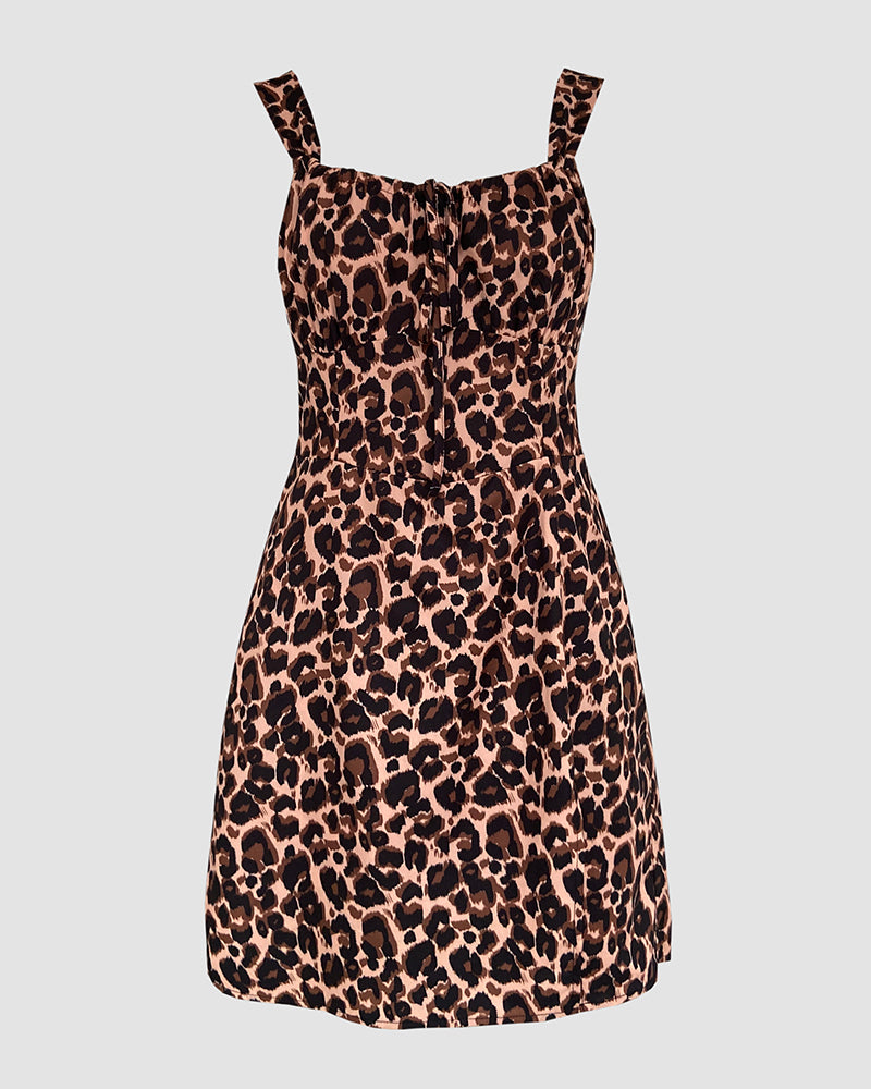 Leopard Print Square Neck Thick Strap Tied Detail Slit Romper Shirred Back Lace-up Skort Romper