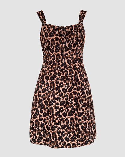Leopard Print Square Neck Thick Strap Tied Detail Slit Romper Shirred Back Lace-up Skort Romper