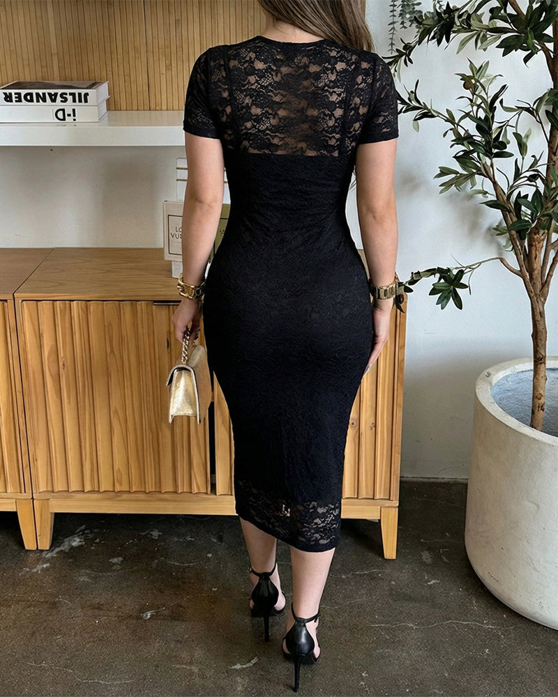 2 Pieces Outfit Short Sleeve Slim Fit Mid-length Lace Dress with U-Neck Adjustable Spaghetti Straps Cami Dress