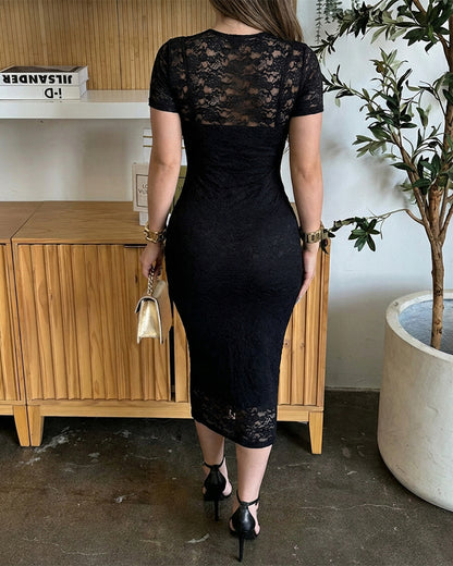 2 Pieces Outfit Short Sleeve Slim Fit Mid-length Lace Dress with U-Neck Adjustable Spaghetti Straps Cami Dress