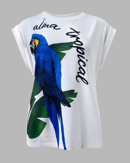 Tropical Animal & Plants Letter Print O-neck Short Sleeve Tee Casual Rolled Cuffs Top