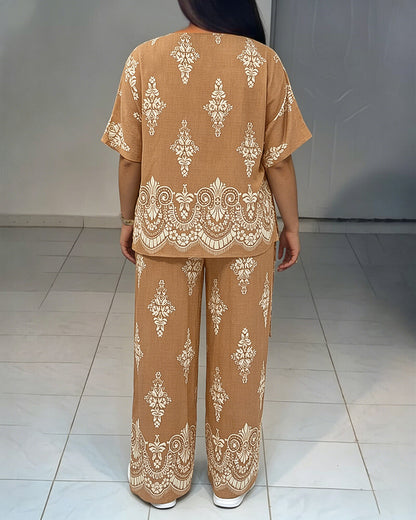 Women's Vintage Print 2 Piece Outfits V Neck Drawstring Ruched Top and Wide Leg Pants Set Casual Loose Loungewear