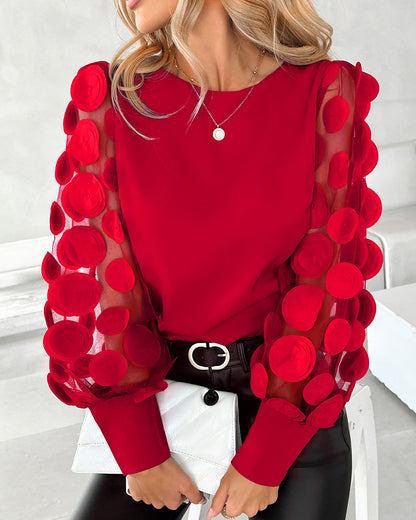 Floral Pattern Long Sleeve See Through Sheer Mesh Tops Pullover Tee Shirt