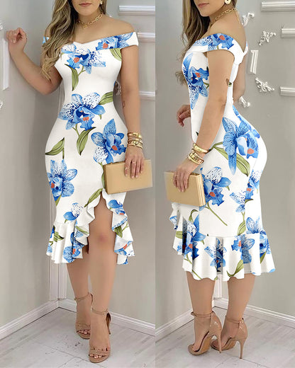 Floral Print Off Shoulder Bodycon Dress Ruffle Hem Slim Fit Dress