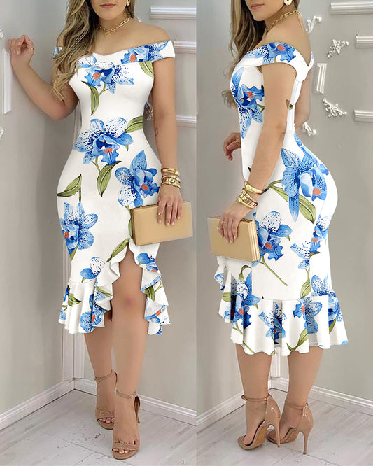 Floral Print Off Shoulder Bodycon Dress Ruffle Hem Slim Fit Dress
