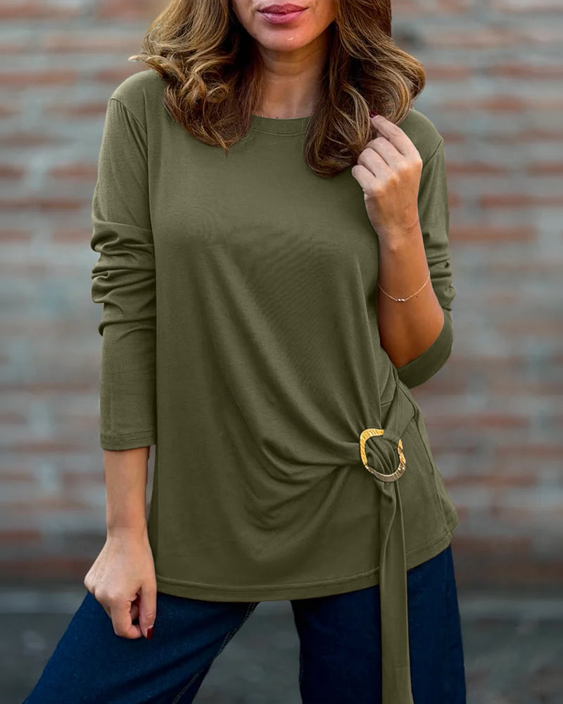 Women's Crewneck Long Sleeve Loose Fit Top Side Buckle Ruched Draped Tie Detail Casual Tee