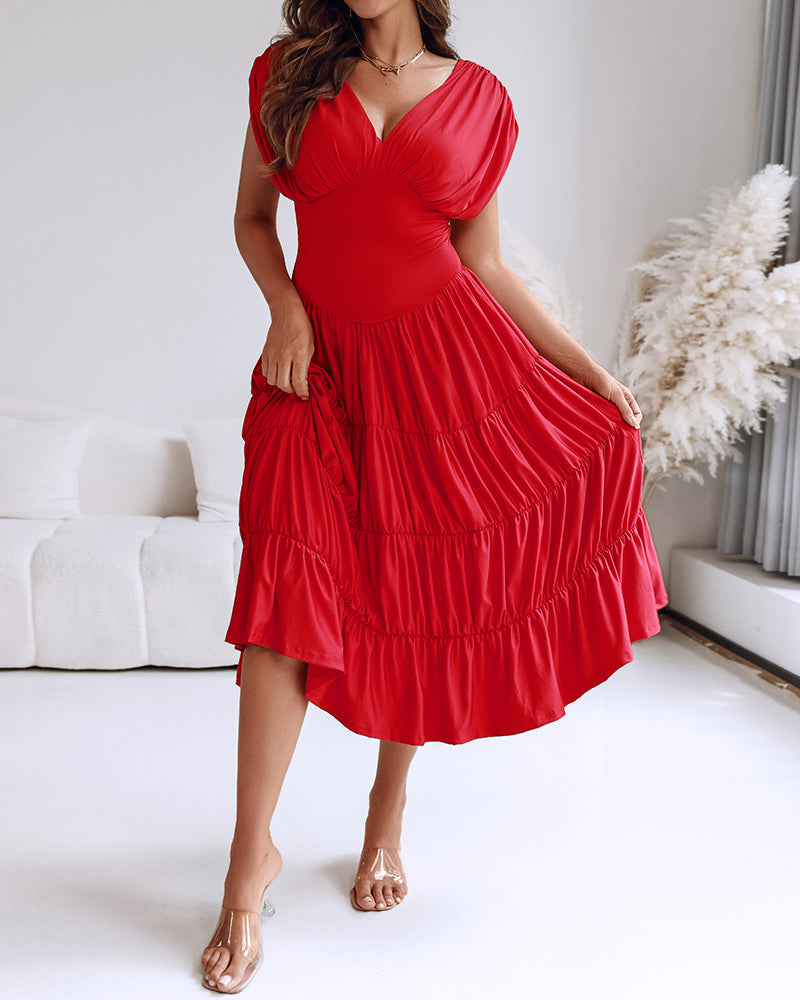 Textured V Neck Sleeveless Ruched Ruffles Hem Dress Casual Waist A Line Party Midi Dress