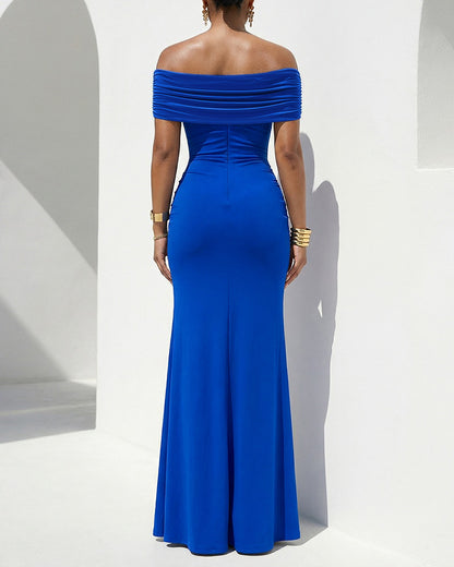 Women's Off Shoulder Ruched Gold Flower Draped Evening Gown Side Slit Mermaid Maxi Dress