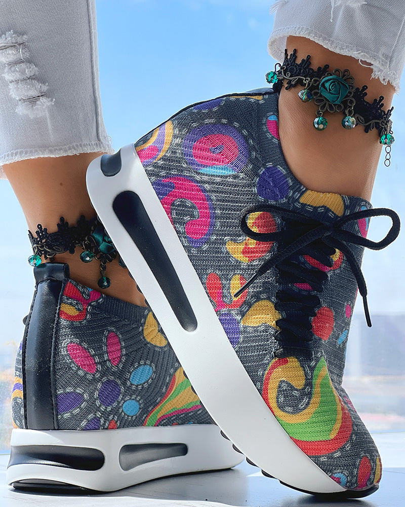 Abstract Print Side Lace-up Casual Wedge Sneakers