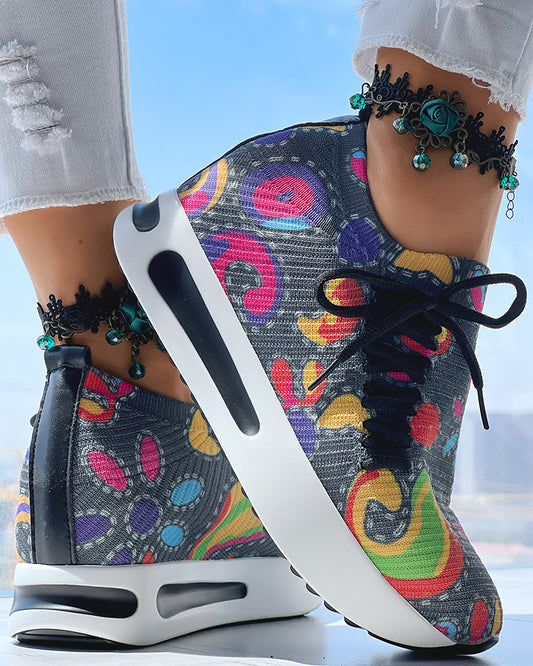 Abstract Print Side Lace-up Casual Wedge Sneakers