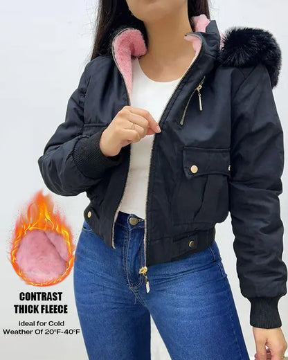 Fuzzy Trim Jacket Hooded Zip Up Fleece Lined Coat Outwear with Pockets