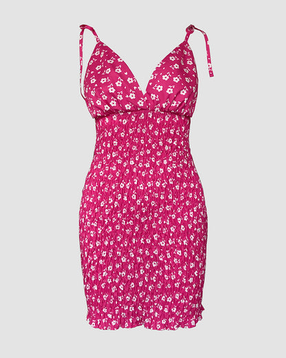 Women's Ditsy Floral Deep V Neck Shirred Sundress Sexy Tie Strap Backless Ruched Bodycon Cami Mini Dress