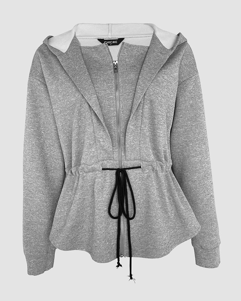 Zip Up Waist Drawstring Asymmetrical Hem Hoodie Jacket Casual Drop Shoulder Cinched Waist Coat