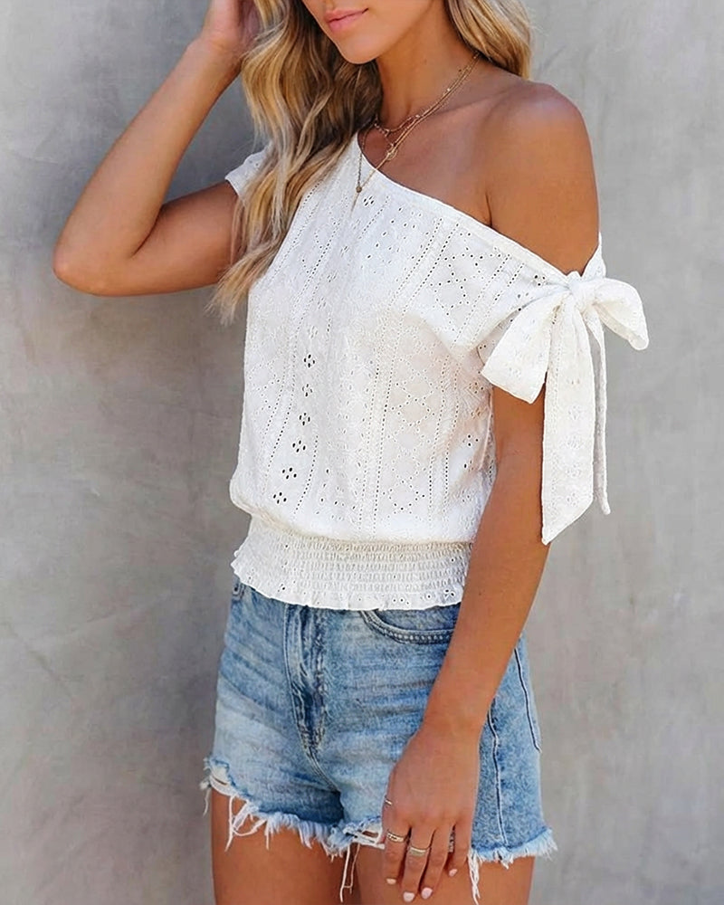 Skew Neck Bow Tie One Side Hollow-out Textured Tee Casual Shirred Hem Top