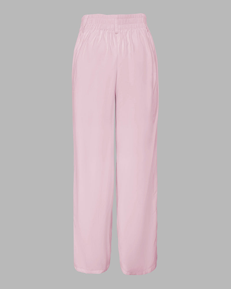 2 Pieces Outfit Turn-down Collar Cap Sleeve Button Front Tied Detail Top and Casual Zipper Fly Elastic Back Waist Wide-Leg Pants Set