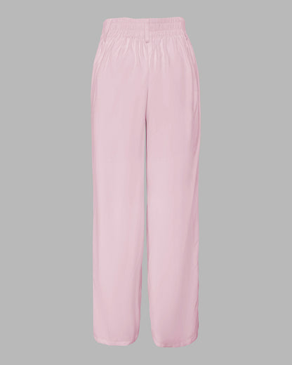 2 Pieces Outfit Turn-down Collar Cap Sleeve Button Front Tied Detail Top and Casual Zipper Fly Elastic Back Waist Wide-Leg Pants Set