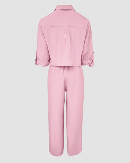 2 Pieces Outfit Turn-down Collar Turn-Up Sleeves Button Front Flap Pockets Design Top and Causal Zipper Fly Elastic Back Waist Wide Leg Pants Set