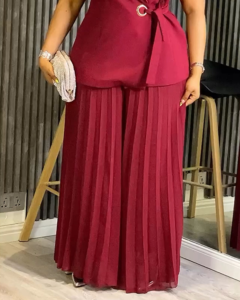 Trendy Two-Piece Set Ruffles Sleeve Waist Tied Detail Blazer and Casual Wide Leg Pleated Pants Set