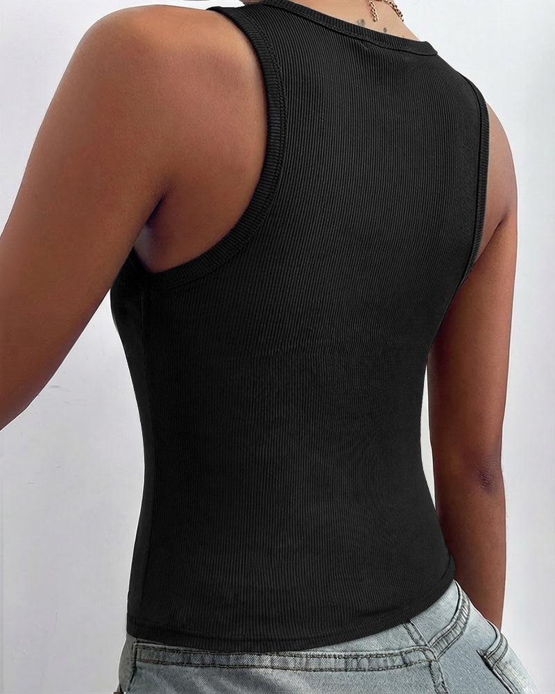 Women's Ribbed Knit Tank Top Adjustable Buckle Strap Side Ruched Knit Top Curved Hem Slim Fit Vest