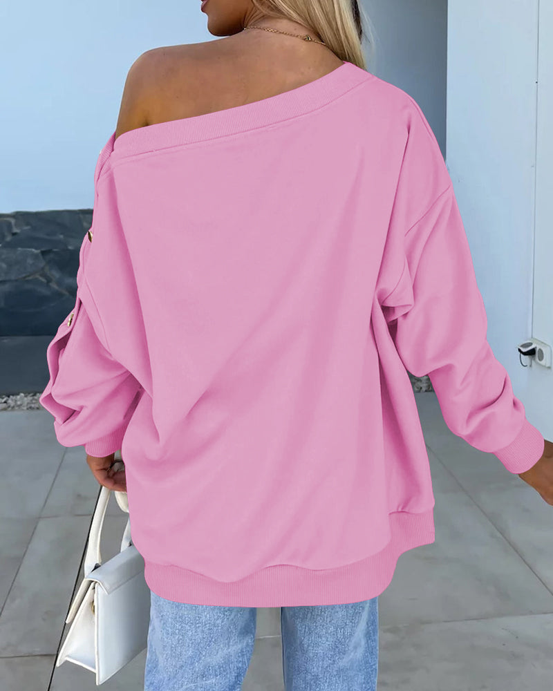Skew Neck Buttoned Sweatshirt Casual Long Sleeve Pullover Tops Outfits