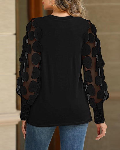 3D Polka Dot Appliques Mesh Long Sleeve Blouse Casual Shirred Cuffs Seam Front Top
